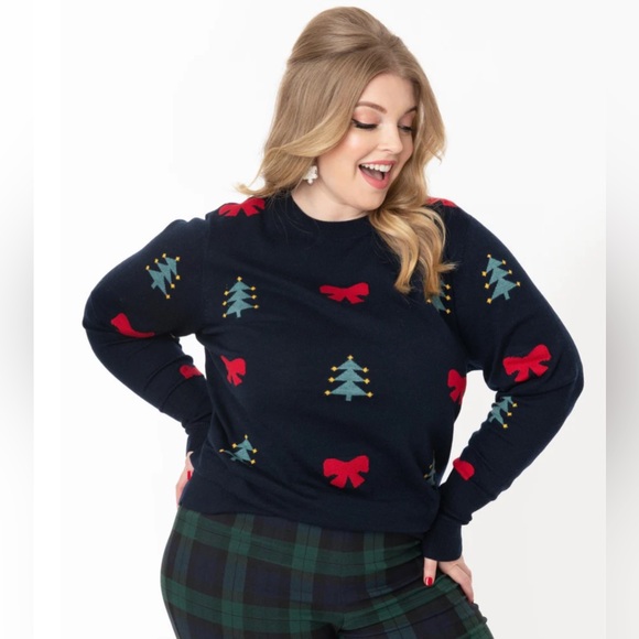 Unique Vintage Sweaters - Unique Vintage Navy Christmas Tree & Red Bow Pattern Sweater NWOT 1X